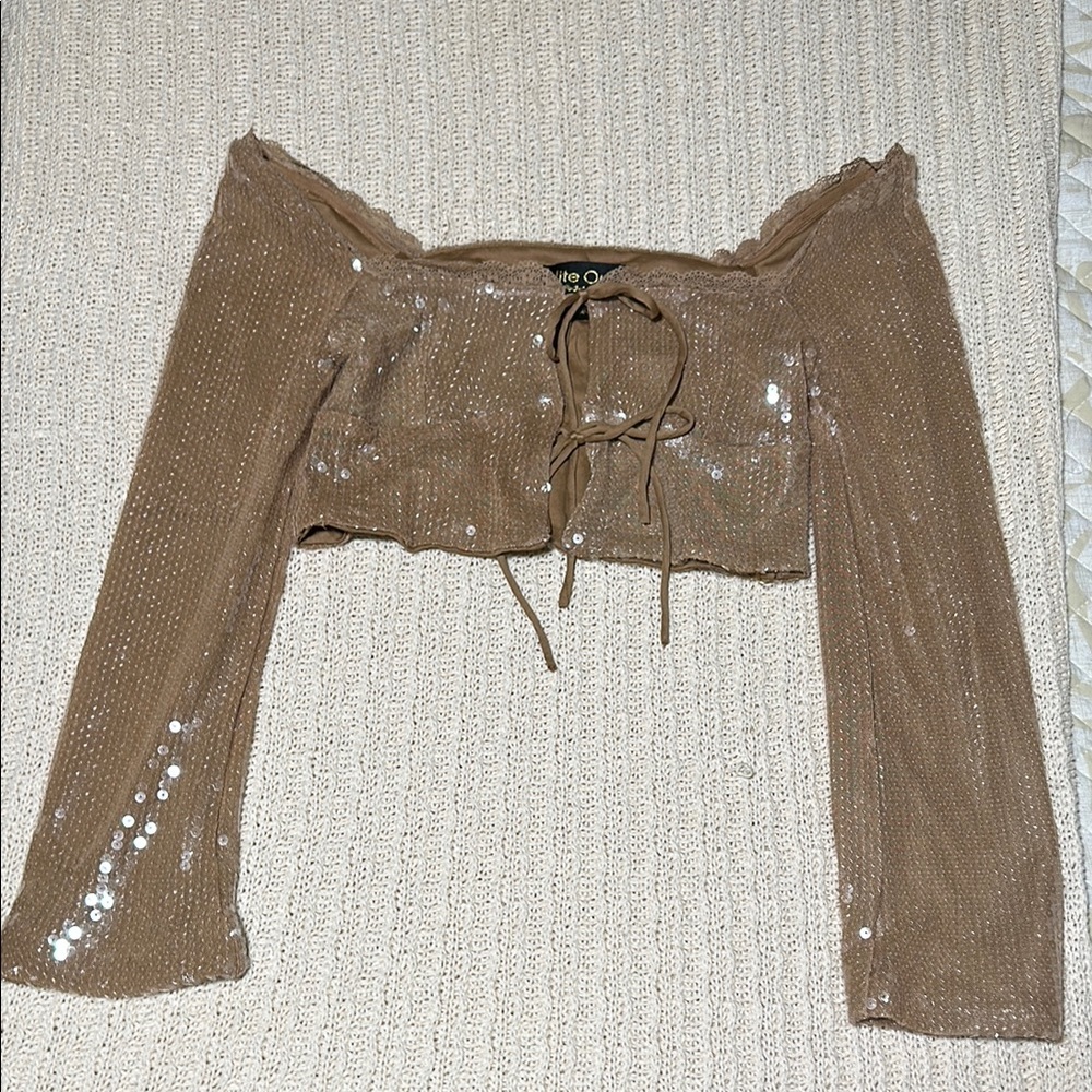 Brown Sequin Off-Shoulder Crop Top